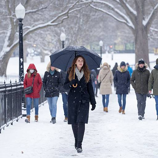 Photograph of a young woman in a black coat and umbrella walking through a snowy park, surrounded by people in winter clothes.