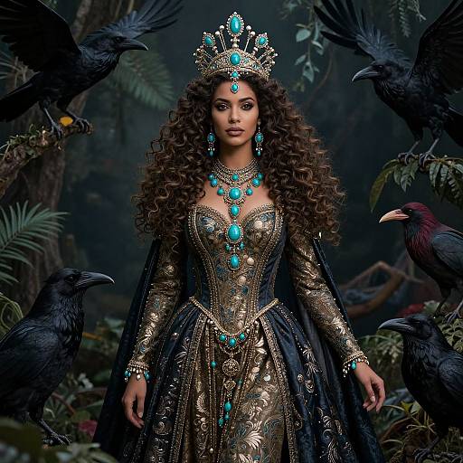 Digital fantasy artwork of a regal woman with curly hair, wearing an ornate turquoise and gold dress and crown, surrounded by black ravens in a