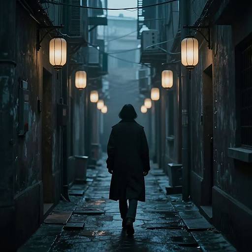 Photograph of a solitary figure in a dark coat walking down a dimly lit, misty, wet alley with glowing lanterns lining both sides.