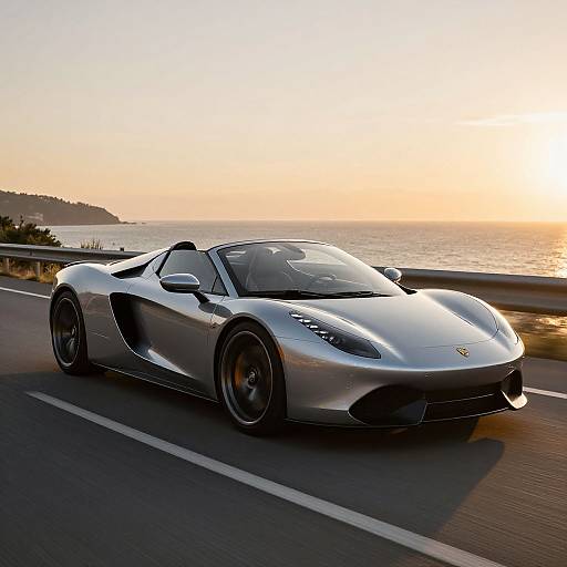Photograph of a sleek, silver, convertible sports car with a low profile and aerodynamic design, driving on a coastal road at sunset with the ocean