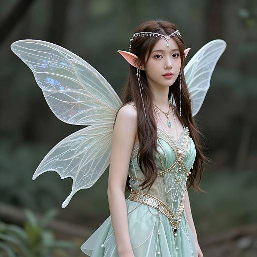 Photorealistic digital artwork of an ethereal fairy with translucent wings, long brown hair, pointed ears, green dress, and jeweled headpiece,