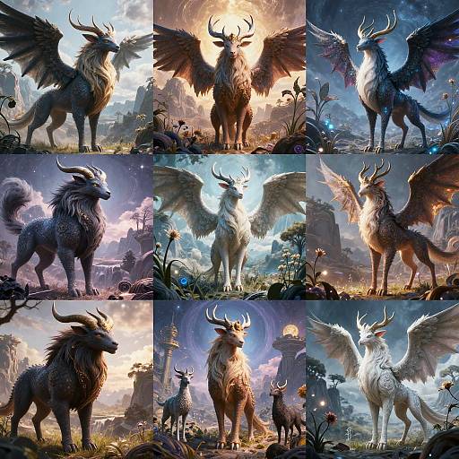 Digital fantasy artwork of nine mythical winged deer creatures in various poses, illuminated by sun and moon, amidst vibrant landscapes and ruins.