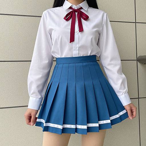 Photograph of a woman in a white button-up shirt with a red bow, blue pleated skirt, and long sleeves, standing against a tiled wall