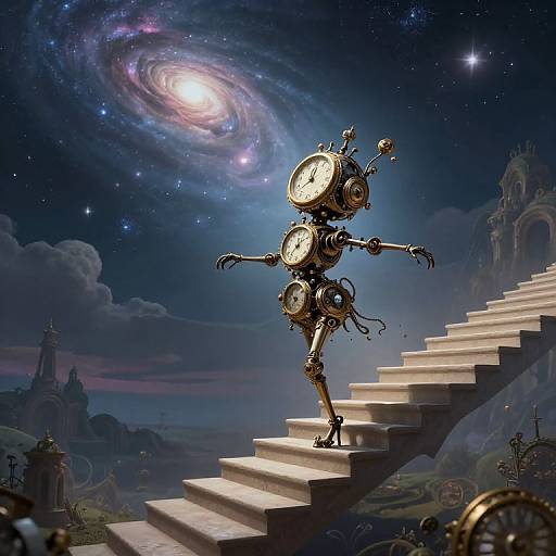 Digital art: Steampunk clockwork dancer with multiple clock faces on head, arms, and legs, dancing on stone stairs under a galaxy-filled night