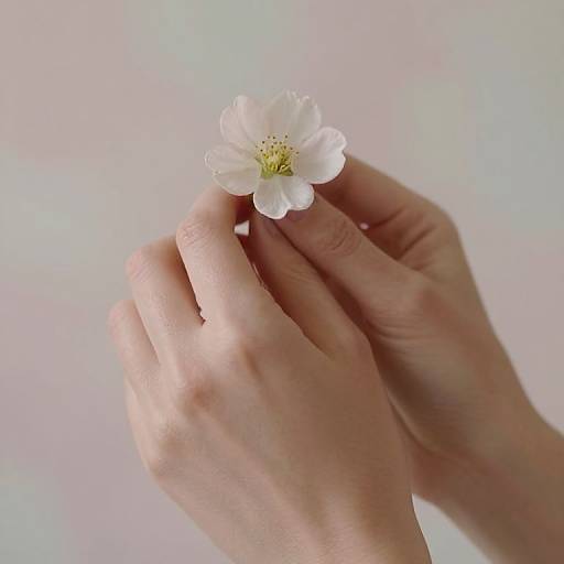 Photograph of a delicate white cherry blossom held between two slender, light-skinned hands against a soft, pastel pink background.