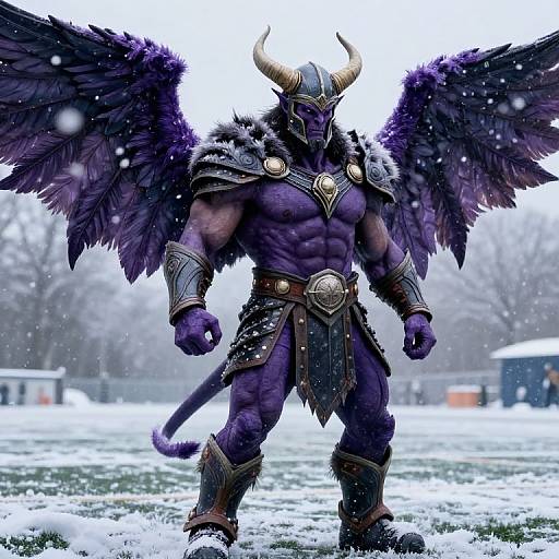 Digital artwork of a muscular, purple-skinned demon with black wings, horns, and medieval armor standing in a snowy field. Snowflakes fall around