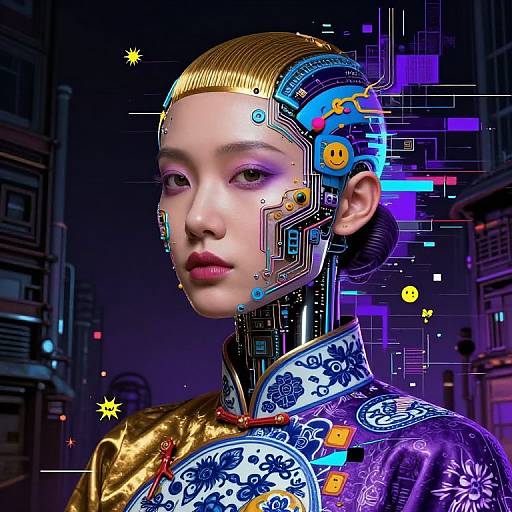 Digital art of a futuristic Asian woman with golden hair, cybernetic features, and vibrant neon circuit patterns on a dark cityscape background. She wears