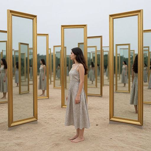 Photograph of a woman with long dark hair, wearing a gray patterned dress, standing barefoot in a sandy room with multiple large gold-framed