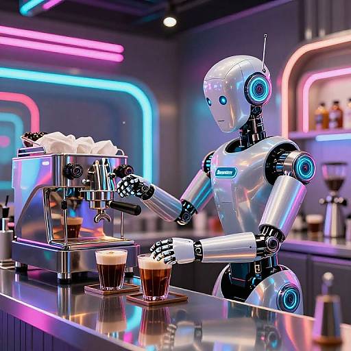 Neon-lit, futuristic café: robotic barista with glowing blue eyes, silver body, and black accents, pours espresso into a cup. Background
