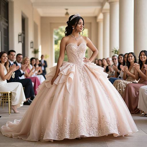 Photograph of a beautiful South Asian bride in a strapless, lace-embellished, pale pink ball gown, walking down an elegant aisle with