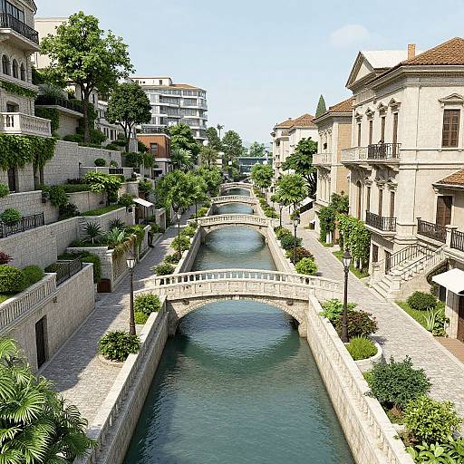 Photograph of a picturesque, sunlit European town with a narrow, stone-bridged canal lined with lush greenery and historic buildings.
