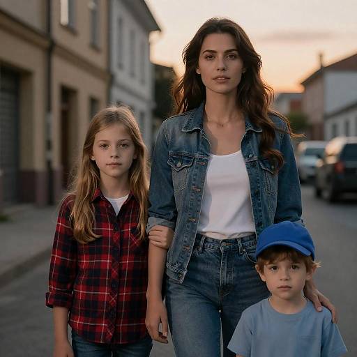 Photograph of a tall brunette woman in a denim jacket and white tee, walking with her two children, a blonde girl in a red plaid shirt