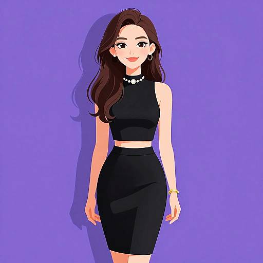 Digital anime-style drawing of a smiling woman with long brown hair, wearing a black sleeveless crop top and high-waisted skirt, against a solid
