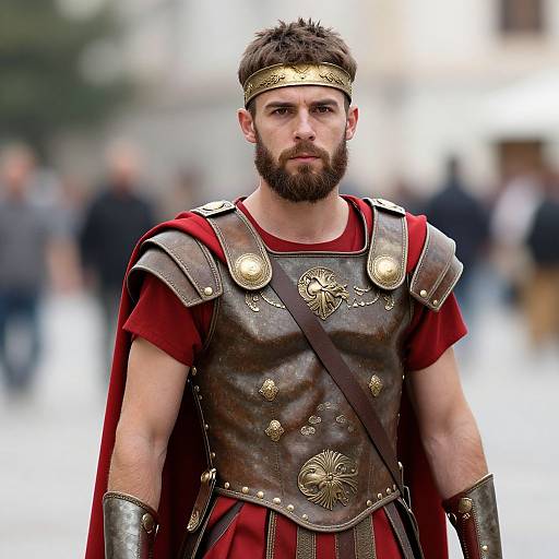 Photograph of a bearded man with brown hair, wearing a Roman gladiator-style armor, red tunic, and gold headband, standing outdoors