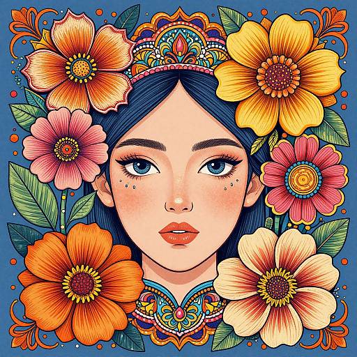 Digital illustration of an Asian woman with blue hair, adorned with a floral headpiece, surrounded by vibrant orange, yellow, and pink flowers against a blue