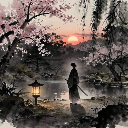 Silhouetted samurai with katana stands by lantern-lit pond at sunset, surrounded by cherry blossoms and mist, in serene, traditional