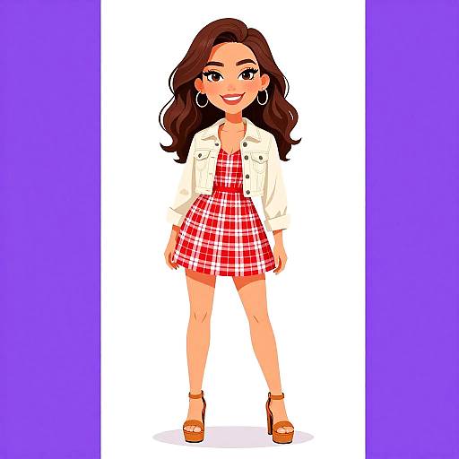 Digital cartoon of a smiling woman with long brown hair, wearing a red plaid dress, white jacket, hoop earrings, and brown sandals. Purple background