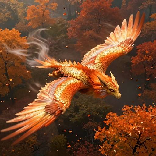 Vibrant digital painting of a fiery orange phoenix with glowing feathers soaring through an autumn forest, surrounded by glowing leaves.