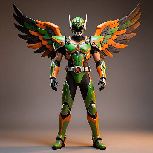 Photorealistic CGI of a superhero with green and orange armor, black and orange feathered wings, and a helmet, standing confidently.