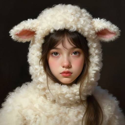 Digital painting of an Asian girl with fair skin, wearing a fluffy white sheep costume with ears, against a black background.