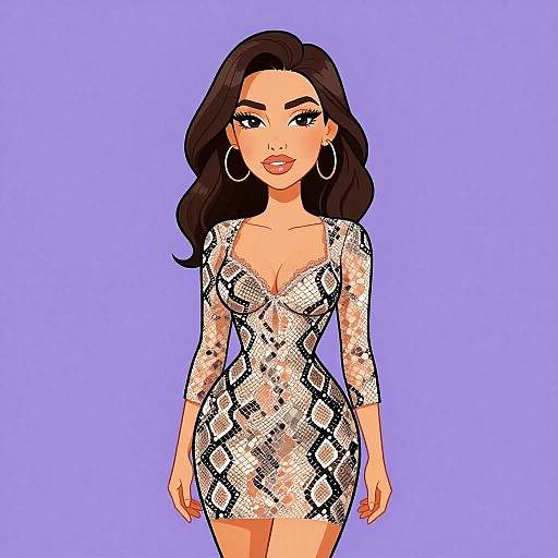 Digital illustration of a confident woman with long black hair, wearing a tight, snakeskin-patterned, V-neck dress, and large hoop earrings, against
