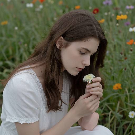 Young woman with long brown hair, wearing a white lace blouse, gently holding a daisy, sitting in a colorful wildflower field. Photographic portrait