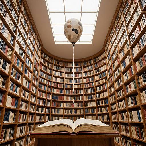 Photograph of a grand library with curved wooden shelves filled with colorful books, an open book on a table below, and a whimsical polka-d