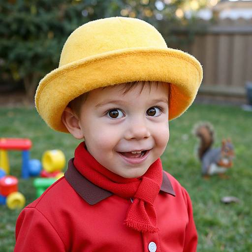 Photograph of a smiling toddler in a yellow hat, red shirt, and red scarf, standing in a backyard with colorful toys and a squirrel in the