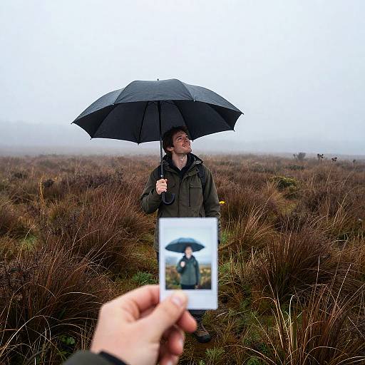 Drone View of Resilient Figure in Foggy Moorland