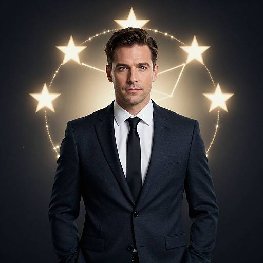 Photograph of a handsome, dark-haired man in a black suit with white shirt and black tie, standing against a glowing star-shaped background.