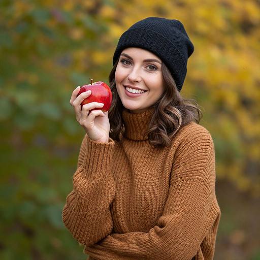 Photograph of smiling woman with wavy brown hair, wearing black knit beanie and brown turtleneck sweater, holding a red apple against a blurred