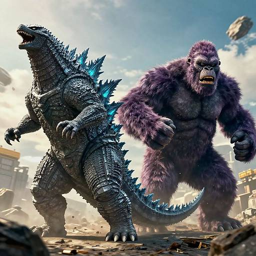 CGI image of Godzilla, a blue-scaled, scaly monster with glowing spikes, standing beside King Kong, a furry, purple gorilla with