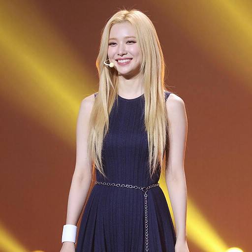 Smiling Woman Singing on Vibrant Stage