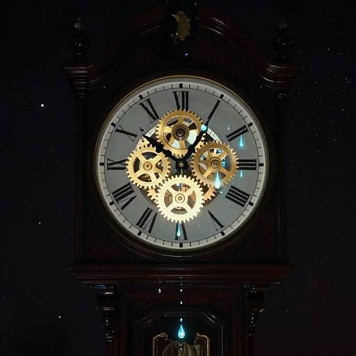 Photograph of a dark, ornate clock with glowing, intricate gold gears and black Roman numerals against a black background.