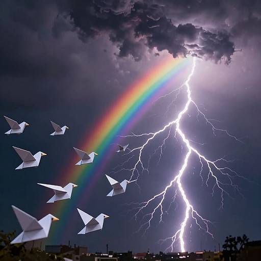 Photograph of a dramatic storm with bright lightning bolt, vivid rainbow, and white paper birds flying against dark, cloudy sky.