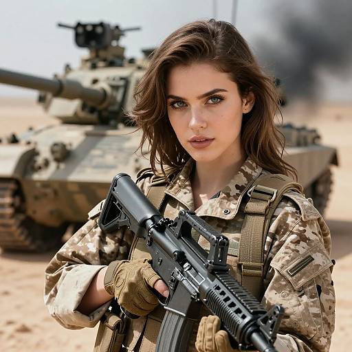 Photograph of a focused, brunette woman in camouflage uniform holding a black assault rifle, with a tank and smoke in the background.