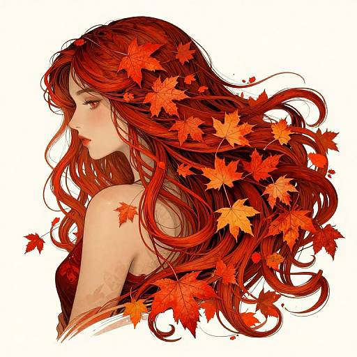 Digital anime-style portrait of a red-haired woman with flowing hair adorned with orange and red autumn leaves, side profile, white background.