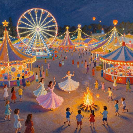 Whimsical night fair scene with children dancing, two girls in flowing white dresses, colorful carnival tents, Ferris wheel, bonfire, and glowing