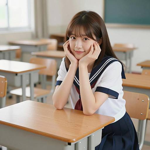 Asian Schoolgirl in Sailor Uniform in Classroom