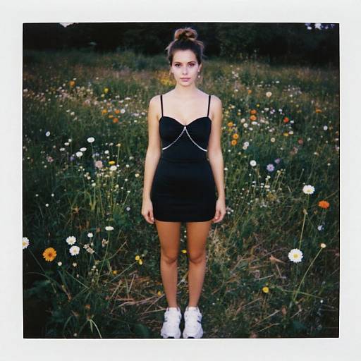 Chic Woman in Meadow Polaroid Style