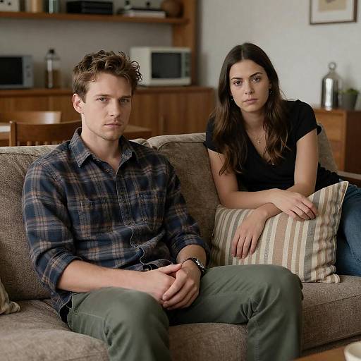 Serious Couple in Cozy Living Room
