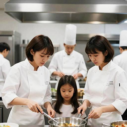 Dynamic Kitchen Scene with Chefs and Girl