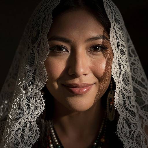 Close-up photograph of a smiling woman with dark hair, wearing a white lace veil and beaded necklace, softly lit against a dark background.