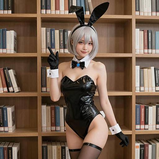 Playful Silver-Haired Bunny in Library