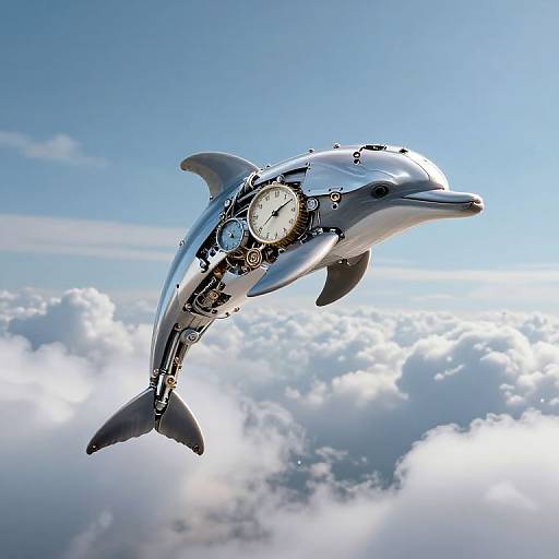 Photograph of a silver dolphin with a clock embedded in its side, flying through a bright blue sky with fluffy white clouds.