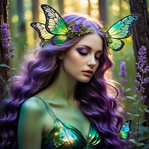 Magical Forest Nymph with Green Hair and Lavender Background