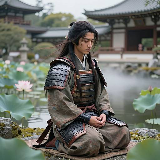 Photograph of a serious East Asian samurai woman in traditional armor, seated by a tranquil pond with lotus leaves, in a traditional Japanese garden.