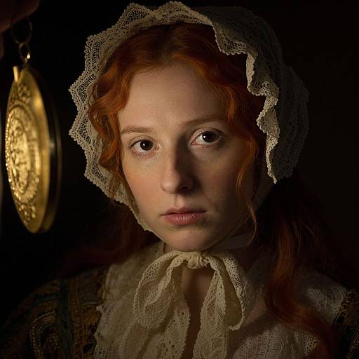 Photograph of a pale-skinned red-haired woman with wavy hair, wearing a lace headscarf and ruffled blouse, illuminated against a dark