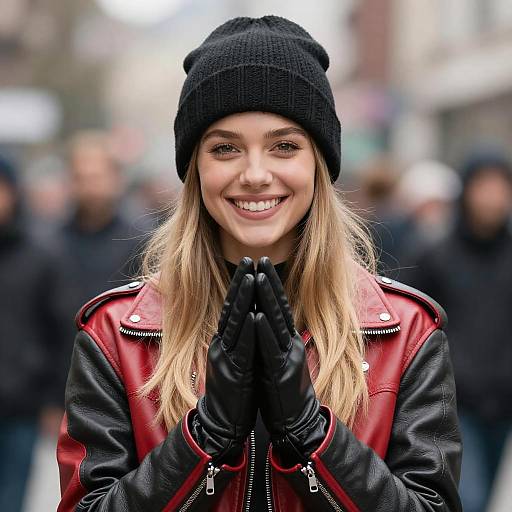 Smiling Woman in Leather Jacket