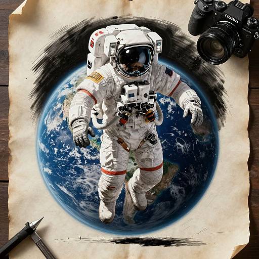 Digital artwork of an astronaut floating above Earth, wearing a white spacesuit with red stripes, on a torn parchment with a camera and pen nearby.